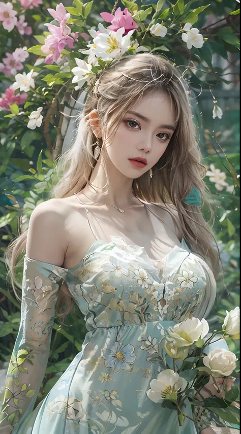 ((from below)), ((full body)), ((realistic)), ((off shoulder clothes)), 1girl, Nice face, slender leg, slim toned body, Delicate skin, long whitr hair, 耳Nipple Ring, 鎖骨, floating long dress, trpical garden, lot of flowers, lawns, nevando, Background bokeh,...