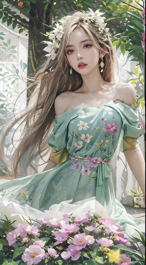 ((from below)), ((full body)), ((realistic)), ((off shoulder clothes)), 1girl, Nice face, slender leg, slim toned body, Delicate skin, long whitr hair, 耳Nipple Ring, 鎖骨, floating long dress, trpical garden, lot of flowers, lawns, nevando, Background bokeh,...