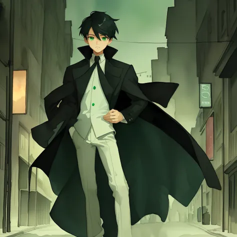 A young boy in a stygain-black and silk fannel coat, standing in an empty street at night, with emerald green eyes and a simple white shirt, rendered in a watercolor style with a confident,noble.