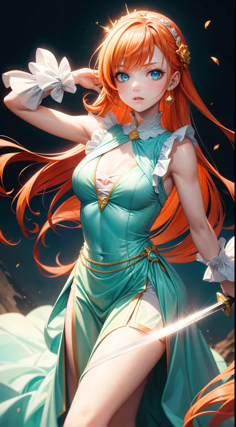 young girl, llong orange hair, Cyan eyes, white fencing dress, Sleeveless, open breasts, long skirt, sword, Gold Elements, gems, Masterpiece, hiquality