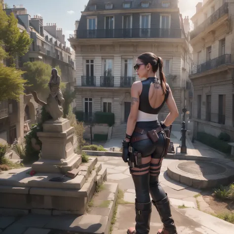 Lara Croft, UHD, riqueza de detalhes, vestido longo de cor preta com detalhes em branco, vista de cima, sentada sobre a mesa analisando um mapa com um compasso, sunglasses above the head, cabelo solto, olhar atento, in a Paris square