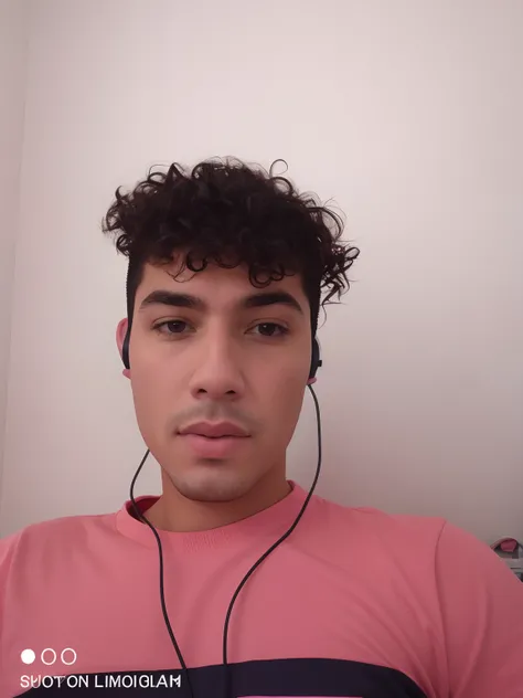 Theres a man with headphones and a pink shirt, 18 anos, curls on top of his head, em torno de 1 9 anos, 1 6 anos,  de meio corpo, imagem frontal, taken in the early 2020s, com fones de ouvido, Streamer do Twitch / Jogador Ludwig, foto de perfil headshot, m...