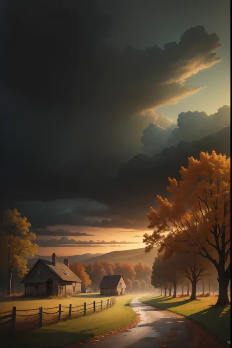 A painting of an autumn landscape, green trees and autumn trees, with a broken down dilapidated house, dark evening sky.