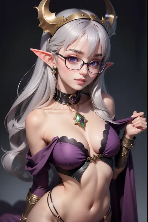 1 cute elf girl (18yo) glasses, upper body, slim waist, natural small breast, sexy pose, seductive expression, bangs, random hairstyle, cleavage, navel, collar, collarbone, off shoulder, seductive smile, wear intricately detail hot and sexy outfit, monster...