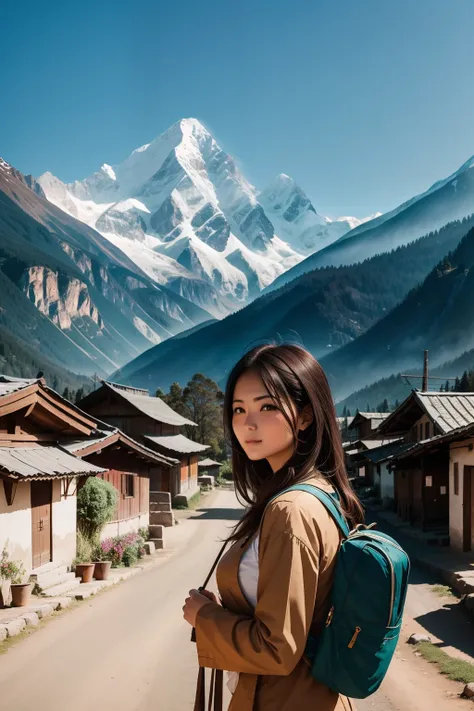 A beautiful woman in a centered of a village with mountain in distance --auto