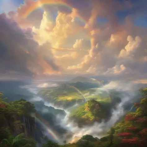 A big rainbow can be seen between the clouds、Superb view、Masterpiece、A hyper-realistic