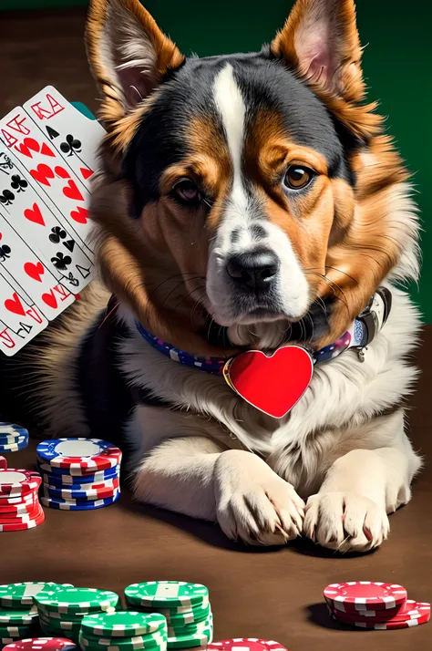 a poker table, there are a lot of chips on it, a dog, a watch and you can see hands holding five cards and on each card there is a heart --auto --s2