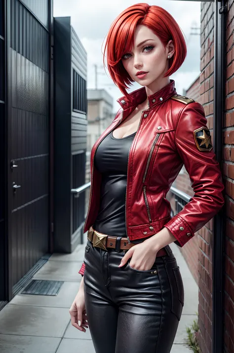 red bob cut, beautiful woman, starship captain, short jacket, cowboy shot, flirty, military bearing, standing, pirate