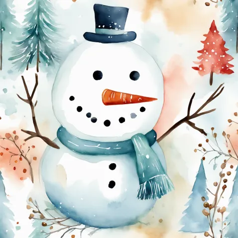 Watercolor winter illustration.Watercolor cute snowman