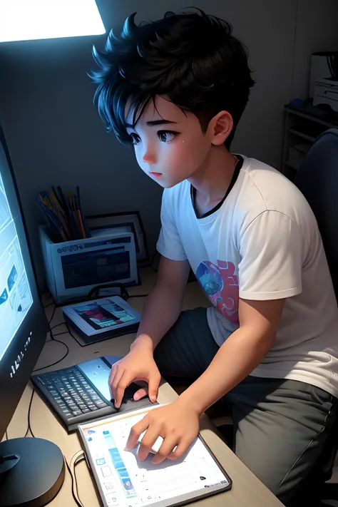 A cute cartoon boy is Playing games on computer in a dark room with led light on the walls, hyper realistic image