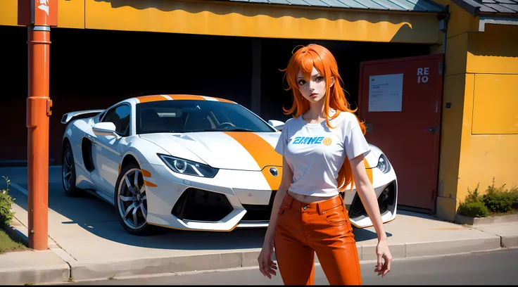 nami from the anime one piece, long hair, orange hair, beautiful, beautiful woman, very beautiful, wearing an orange t-shirt, short jeans, white Nike shoes, wearing a white baseball cap, standing, leaning against a car, car, orange Lamborghini, is in parki...