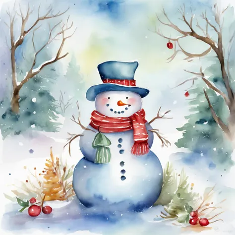 Watercolor winter illustration.Watercolor cute snowman