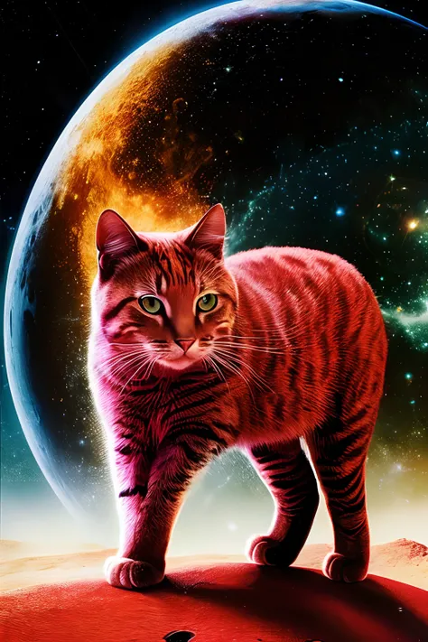 painting of a cat standing on a red surface in front of a planet, gato espacial, cat in space, gato do vazio, cosmic tiger, planeta dos gatos, Alex Gato Cinza, Tim Arte Branca. 64 megapixels, anthropomorphic cat, inspirado em Tim White, jim warren, Gato. P...