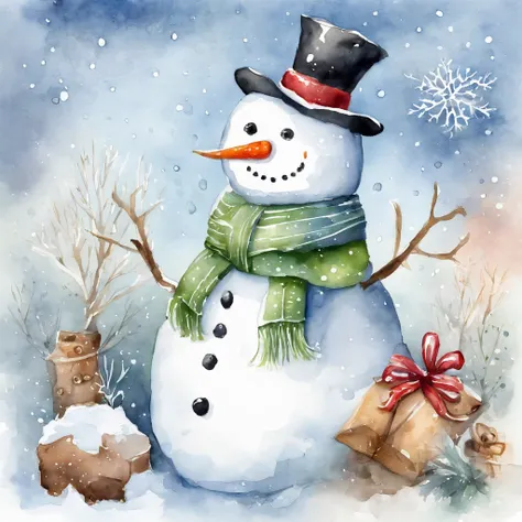 Watercolor winter illustration.Watercolor cute snowman