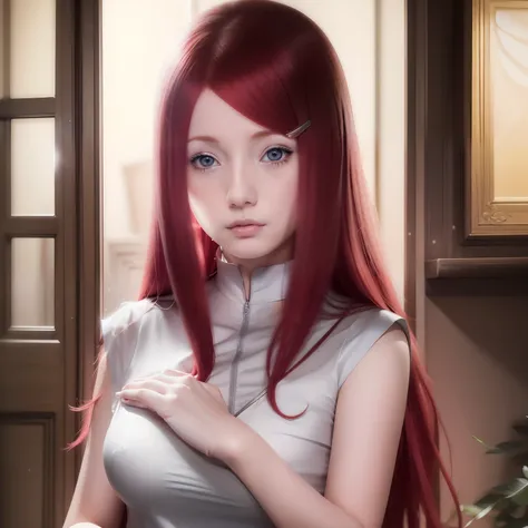 Kushina uzumaki. A woman was standing in a room. He was seen in a silver shirt. With a straight red hair that unraveled not tied. He had a white as snow. And rosy cheeks. And a tiny pink lip. He looked into the camera. Looking so pretty and realistic