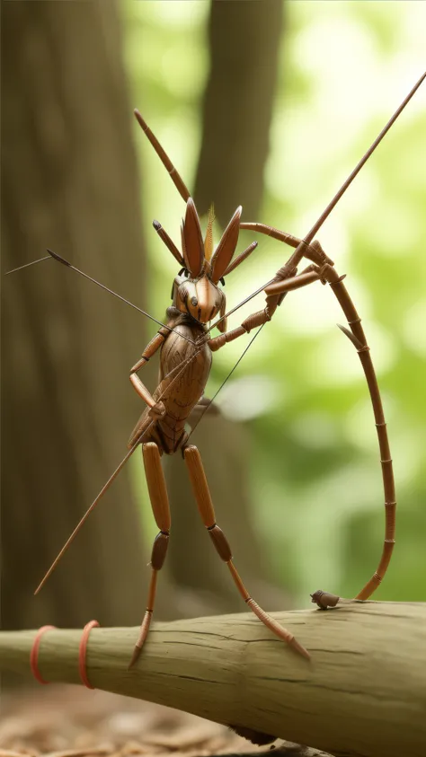 There is an insect that is standing on a branch with an arch, Weta, Weta Disney pixar, Weta Disney, formiga humanoide, um mosquito humanoide, insectoid, Arqueiro florestal feminino, Weta Disney filme ainda foto, com arco e flecha, Anthropomorphic praying m...