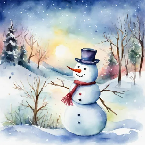 Watercolor winter illustration. Watercolor cute snowman