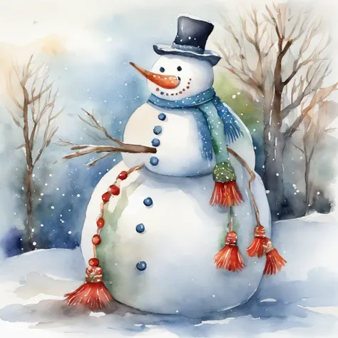 Watercolor winter illustration. Watercolor cute snowman