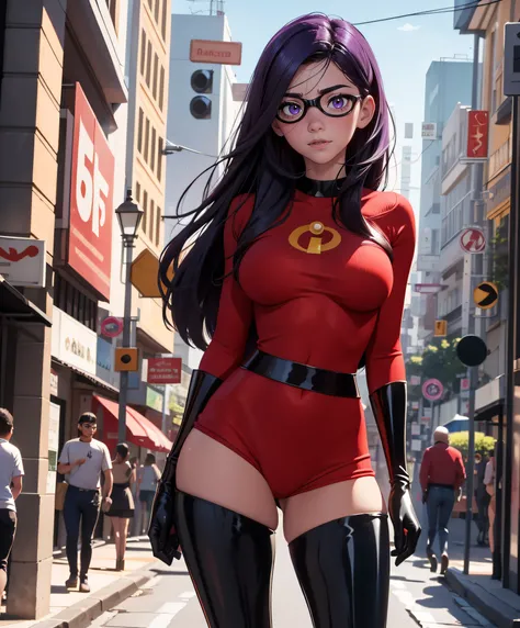 master part, best quality, 1girl, ((16 anos)), VioletParr, WMASK, cabelos longos, cabelos pretos, Purple eyes, Bodysuit, Luvas, bota, coxas, Botas de coxa, latex,(((mamilos duros))), ((mamilos grandes)), (Roupas rasgadas:1.3), sorrir, sozinho, ao ar livre,...