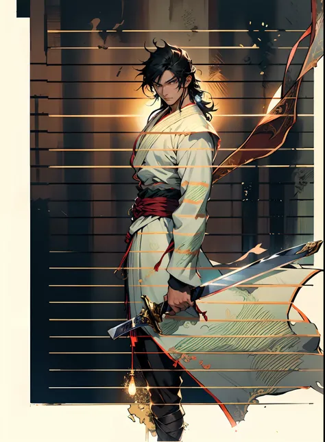 A young man with long black hair, possessing serene and clear eyes, he is dressed in a loose-fitting white robe, with a sky-blue satin ribbon tied around his waist, in his hand gracefully wields a long sword with a black scabbard, with an air of transcende...