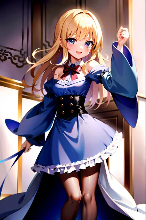 (masterpiece:1.2), best quality, highres, original, (extremely detailed:1.2), ultra-detailed, wallpaper, perfect lighting,(extremely detailed CG:1.2), 8k, 1girl, dress, Alice in Wonderland, fantasy, short dress, flowy, lace, bow, details, embroidery, close...