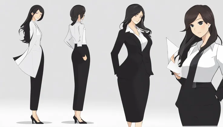 Japanese Business woman in a black suit, white shirt and black pants posing suit for a picture on the white backround, Business woman in a black suit, white shirt