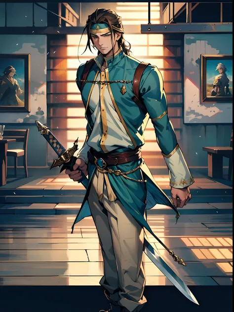 a young man, long brown hair, a cloth band tied around his forehead, deep and resolute eyes, determined expression, a fantasy-style undershirt with influences from Central Asian ethnic clothing, layered with a fantasy-style outer coat, he holds a fantasy-s...