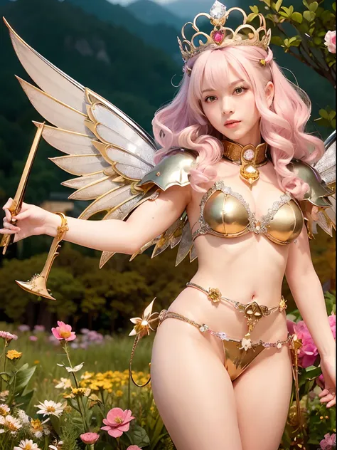 (（Floral Micro Bikini）), Professional , ​masterpiece、top-quality、photos realistic , depth of fields （Gemstone Flower Metal Body:1.4),(Matte Silver Pink、Jewel Gold Weapon、（Gorgeous castle background）、（ultimate beauty girl）、（Flower rainbow fairy wings grow）、...