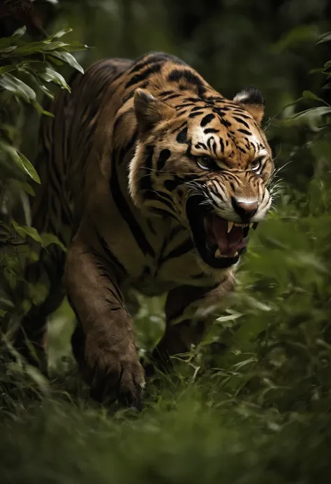 predator,hunt,mask,camouflage,strong and muscular body,sharp teeth,dangerous eyes,hidden in the jungle,camouflaged in the grass,leaping from the trees,silent footsteps,hunting in the night,fierce and relentless,dark and menacing atmosphere,ferocious predat...