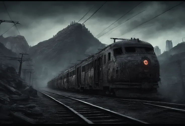 Burning train passing through a mountain as aliens invade the city in the background behind, los alienes vienen en platillos voladores, la ciudad tiene que resaltar