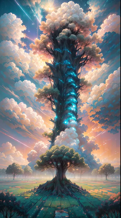 {{​master piece}},works of masters，best qualityer,illustration,(huge tree:1.5，flight，​​clouds)，(((falling from sky))),((weatheri...