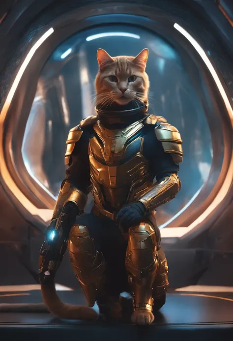 gato futurista usando armadura, Arte conceitual do futuro, 8K分辨率