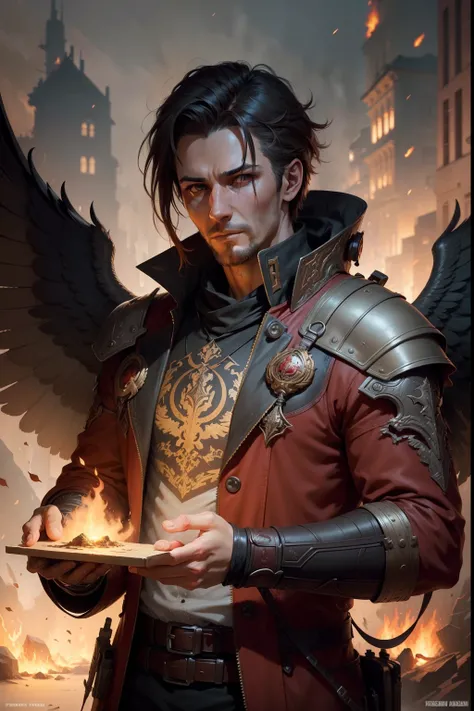 A portrait of a handsome of sks person, post apocalyptic winged firemancer, intricate, elegant, highly detailed, digital painting, artstation, concept art, smooth, sharp focus, illustration, art by Krenz Cushart and Artem Demura and alphonse mucha, ((fire ...