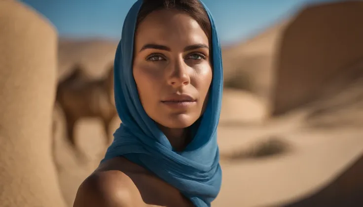 A Scandinavian woman is wearing a blue scarf in the desert, detailed facial features, Firminbaes, fotografia de guerra, olhar intenso,fotografia de retrato, desfoque de fundo,capturado por Sony Alpha a7 Illcamera com Sony FE 24-105mm f/Lente OSS 4G*