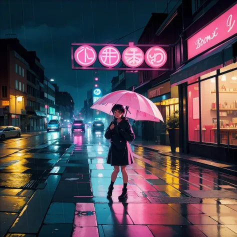 In the middle of a rain-soaked street, Colorful umbrellas decorate the cityscape in blue and pink. Neon signs in retro style reflect wet pavement, Create a LoFi Urban Symphony. A soft piano melody sets the mood, It evokes a calm and contemplative atmospher...