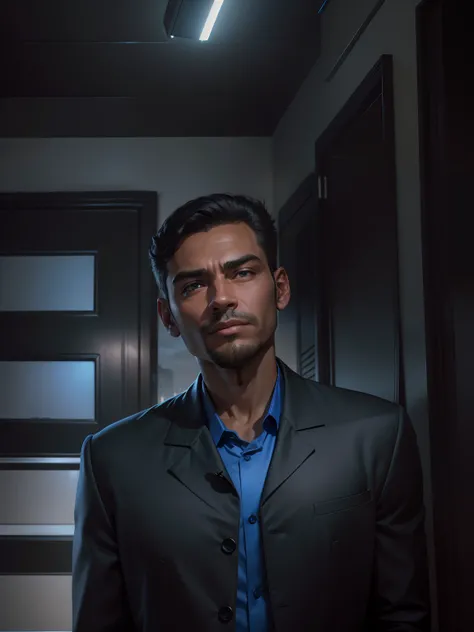 Change the background to night city, do not change the face, smart man waring black cote and blue shirt, Ultra realistic face.