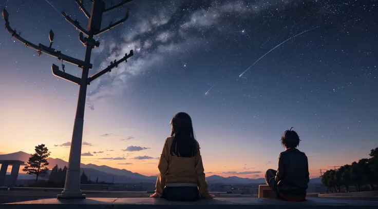 octans, Skysky, stele(Skysky), landscapes, starrysky, natta, 1girl and 1 boy, Rear view, nigh sky, 独奏, plein air, built, ​​clouds, milkyway, sitting on, The tree, length hair, 城市, silhuette, Cityscape