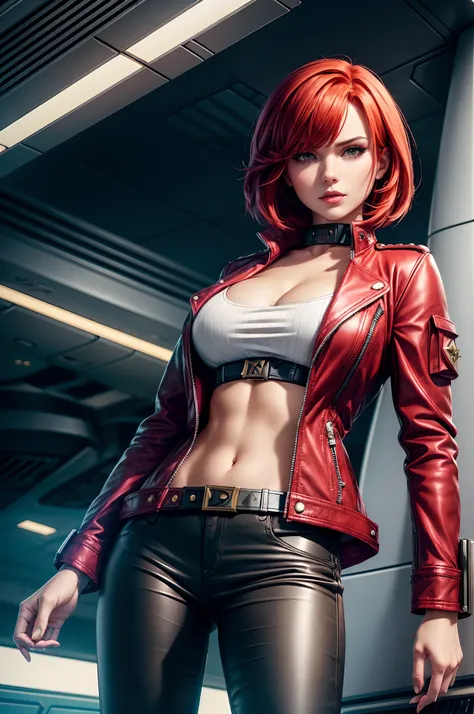 a-line bob, ruby red hair, beautiful woman, starship captain, short open jacket, cowboy shot, flirty, military bearing, standing...