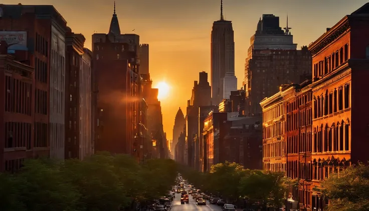 Imagine a serene New York City morning, with the sun rising and casting a warm glow over the citys iconic skyline