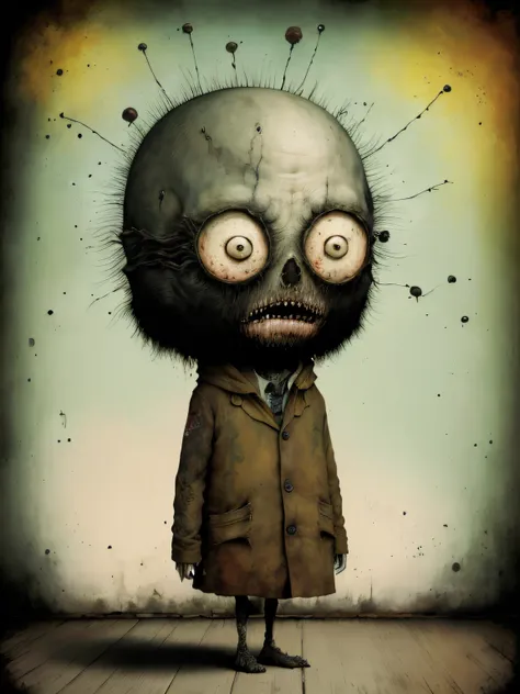 imagem de um homem com um rosto estranho e um terno, anton semenov, estilo de jeff soto, alex pardee, surrealismo pop estilo de ...