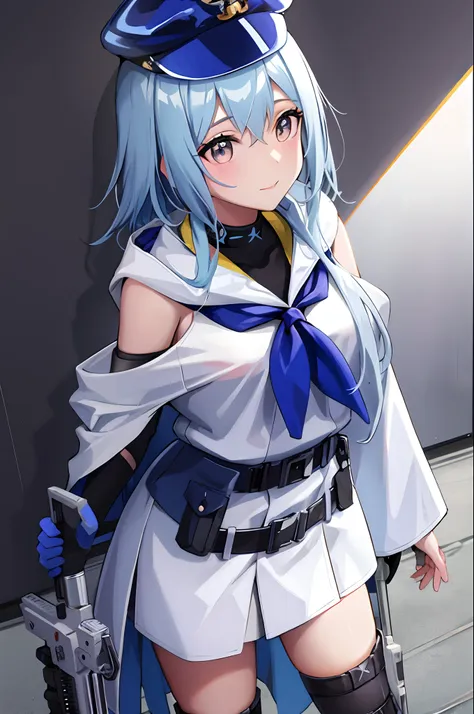 menina/altura baixa/anime/cabelo azul/com uniforme militar/fuzil de assalto ak-47