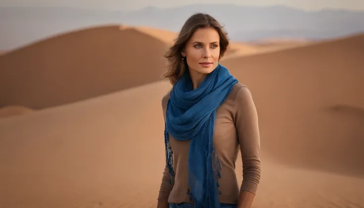 A Scandinavian woman is wearing a blue scarf in the desert, detailed facial features, Firminbaes, fotografia de guerra, olhar intenso,fotografia de retrato, desfoque de fundo,capturado por Sony Alpha a7 Illcamera com Sony FE 24-105mm f/Lente OSS 4G*