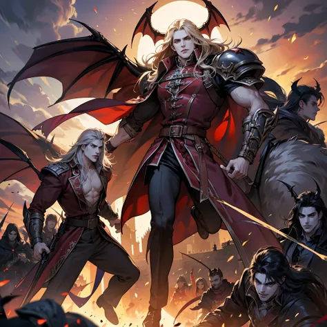 Castlevania Shadow Lord handsome muscular Lord Dracula leading troops armed with demons to war hyper realistic super detailed Dynamic pose super detailed faces hyper realistic super detailed