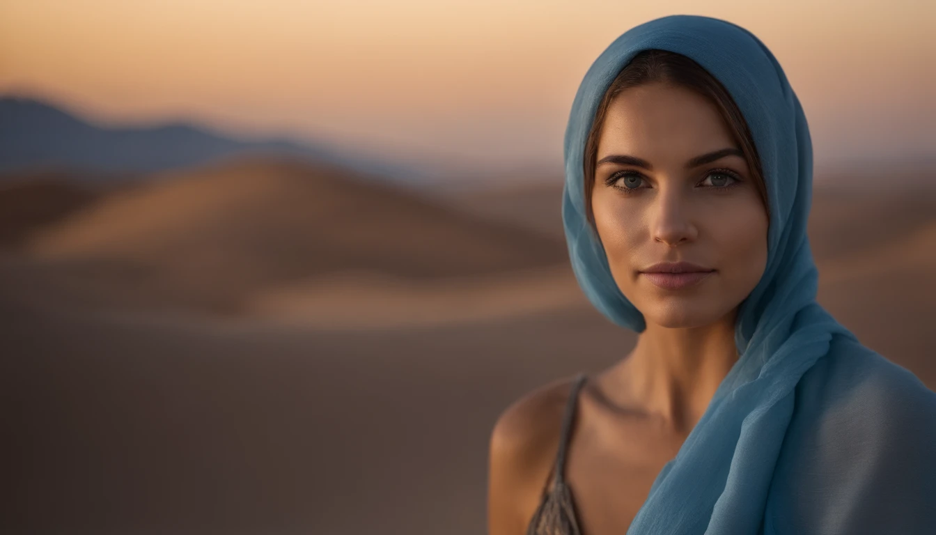 A Scandinavian woman is wearing a blue scarf in the desert, detailed facial features, Firminbaes, Fotografia de guerra, olhar intenso,fotografia de retrato, desfoque de fundo,capturado por Sony Alpha a7 Illcamera com Sony FE 24-105mm f/Primavera OSS 4G*