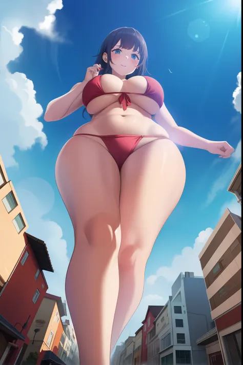 Giantess in a bikini stepping down on people, curvy, busty, view from below, foot up