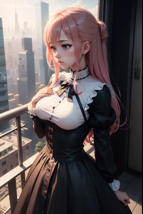 Anime girl, looks into the distance, Thinking, Hands pressed to chest, Sateen, The city, Tall skyscrapers, balcony