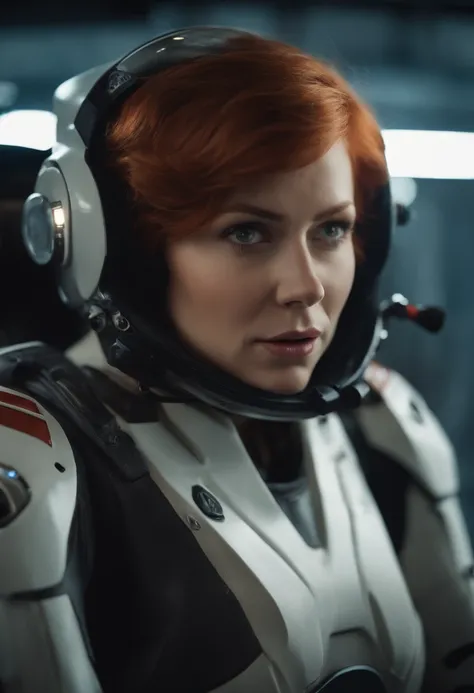 Absurd resolution, high resolution, (masterpiece: 1.4), hyper-detail, 1 young woman, short red hair, pilot suit, rich princess, sitting in an extremely narrow closed mecha control room, expression scared crying open mouth call (1.3), in the sky