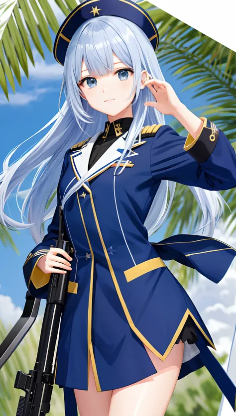 Menina/altura baixa/anime/cabelo azul/com uniforme militar/fuzil de assalto AK-47/plano de fundo floresta tropical