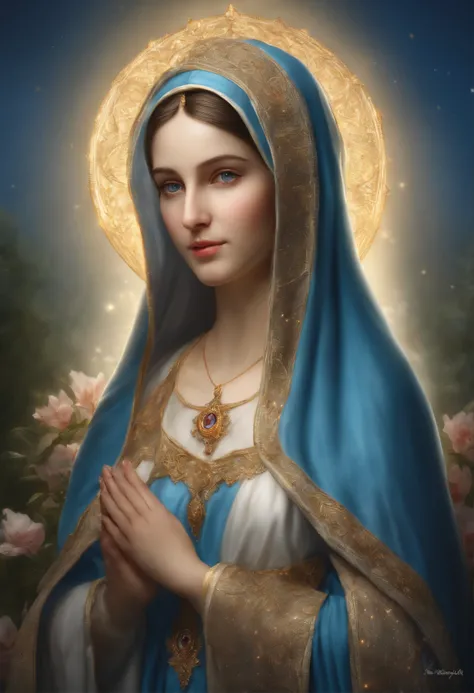 (Holy virgin mary of LOURDES))) Masterpiece, (Best quality: 1.2), (Super fine: 1.2), Illustration, (Extremely delicate and beautiful: 1.2), Film angle, Floating, (Beautiful detail eye: 1.1), (Detail Light: 1.1), Film lights, Delicate sky, Blue eyes, (High ...