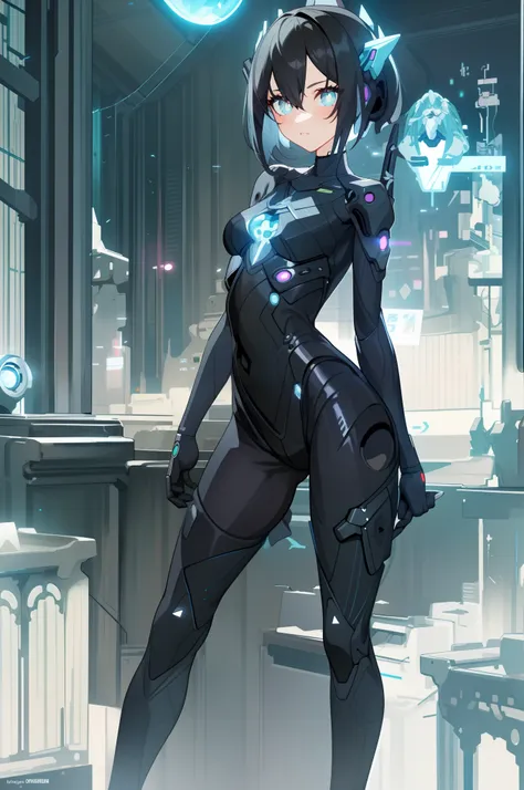 close-up of a woman dressed in black posing in a room, android heroine, perfect android girl, an oppai cyberpunk, cybersuit, cyb...